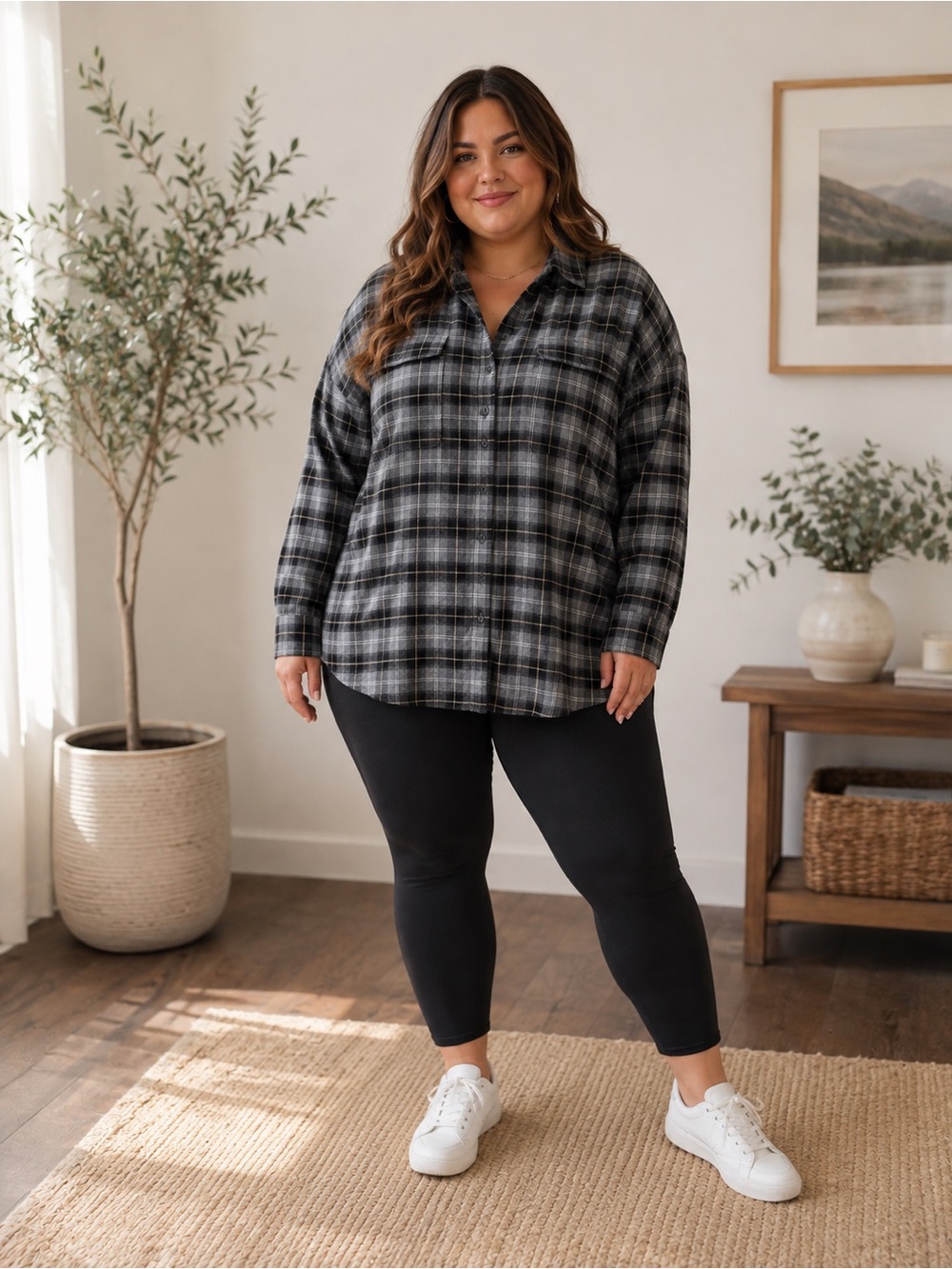 Old Navy The Boyfriend Shirt Gray Black Plaid Oversized Button Down 2x